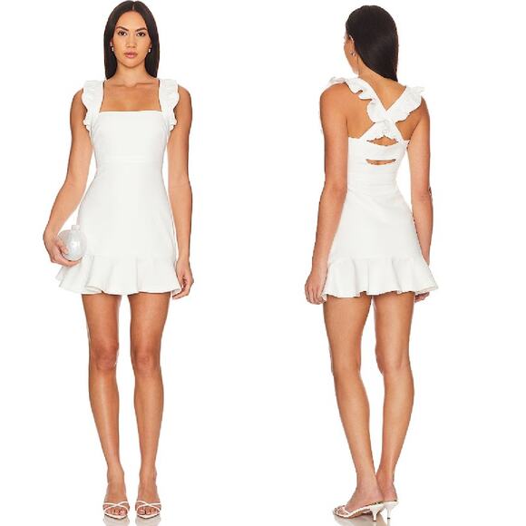 NEW LIKELY Hara Mini Dress Sz 4 White Square neck Flounce Hem Revolve Sleeveless - Picture 1 of 13